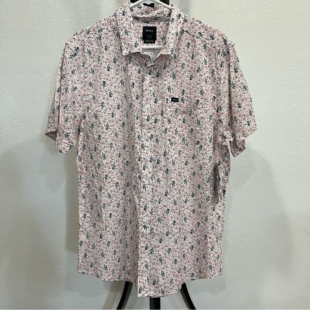 RVCA Men's Casual Floral Button Down Shirt - White and Black